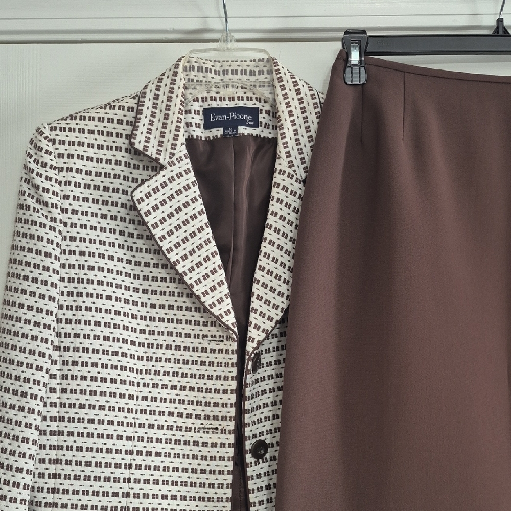 Evan-Picone Womens Suit 3 Button Blazer Jacket Skirt Size 12 Brown White  Stripe